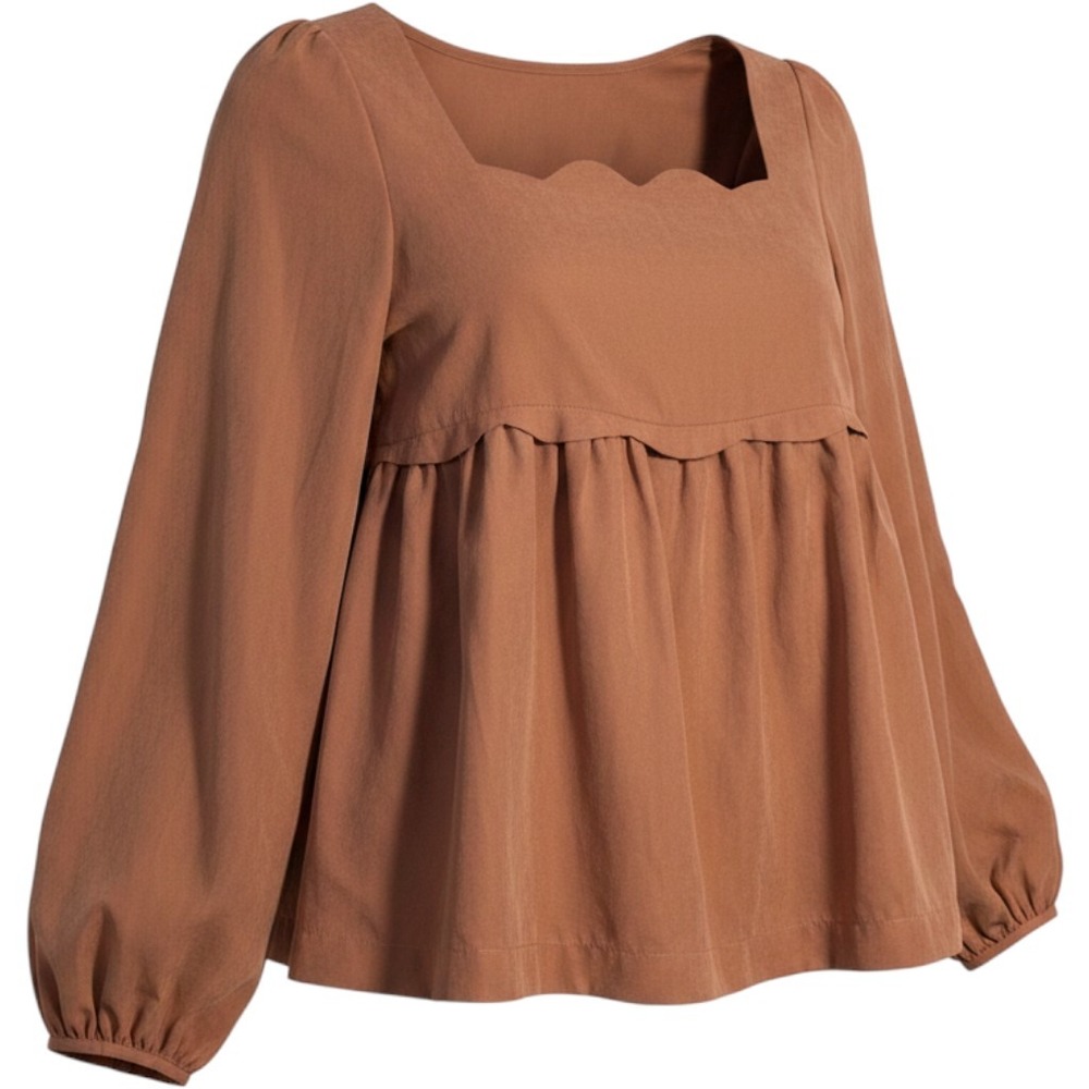 Listicle Cottagecore Scalloped Square Neck Babydoll Blouse Terracotta Brown M